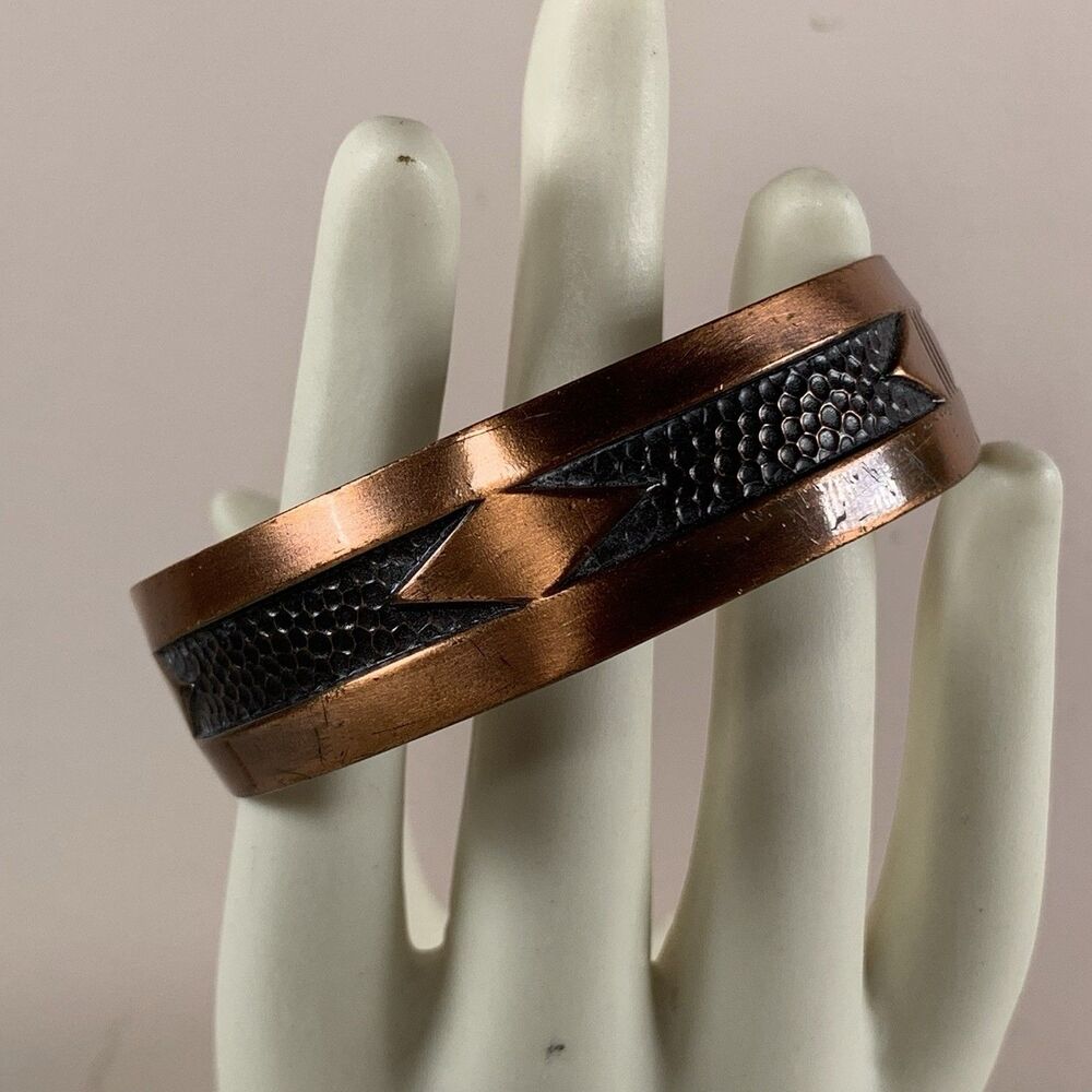 Bell Copper Cuff Bracelet Geometric Metal Black Textured Inlay 6” Southwestern